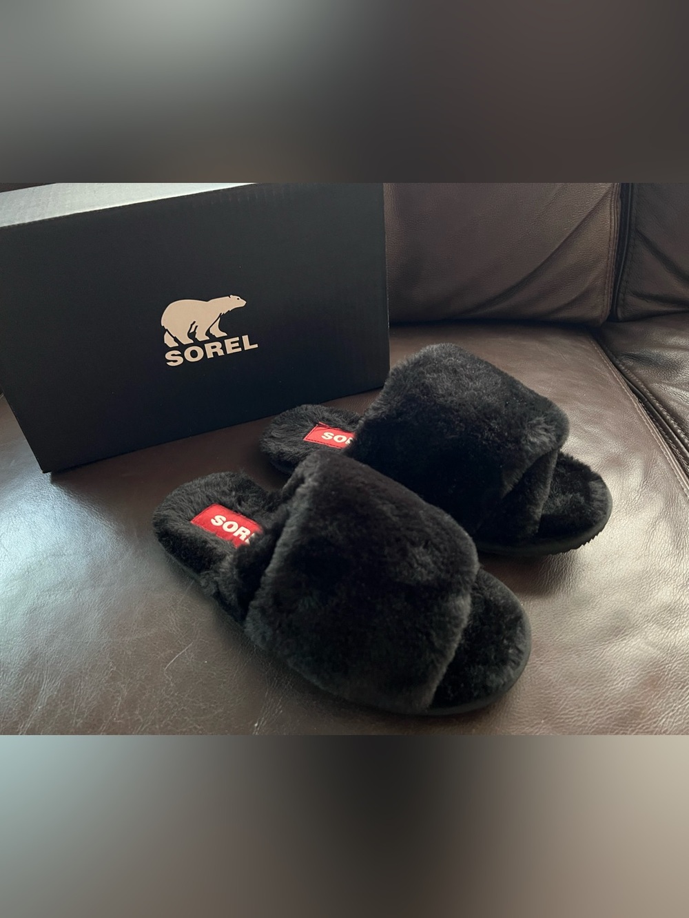 SOREL Go Mail Run Black Faux Fur Slide Slippers Size 6